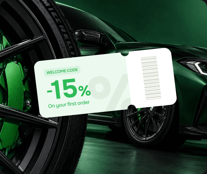 “Welcome code” coupon: −15% on your first order, in front of a green car